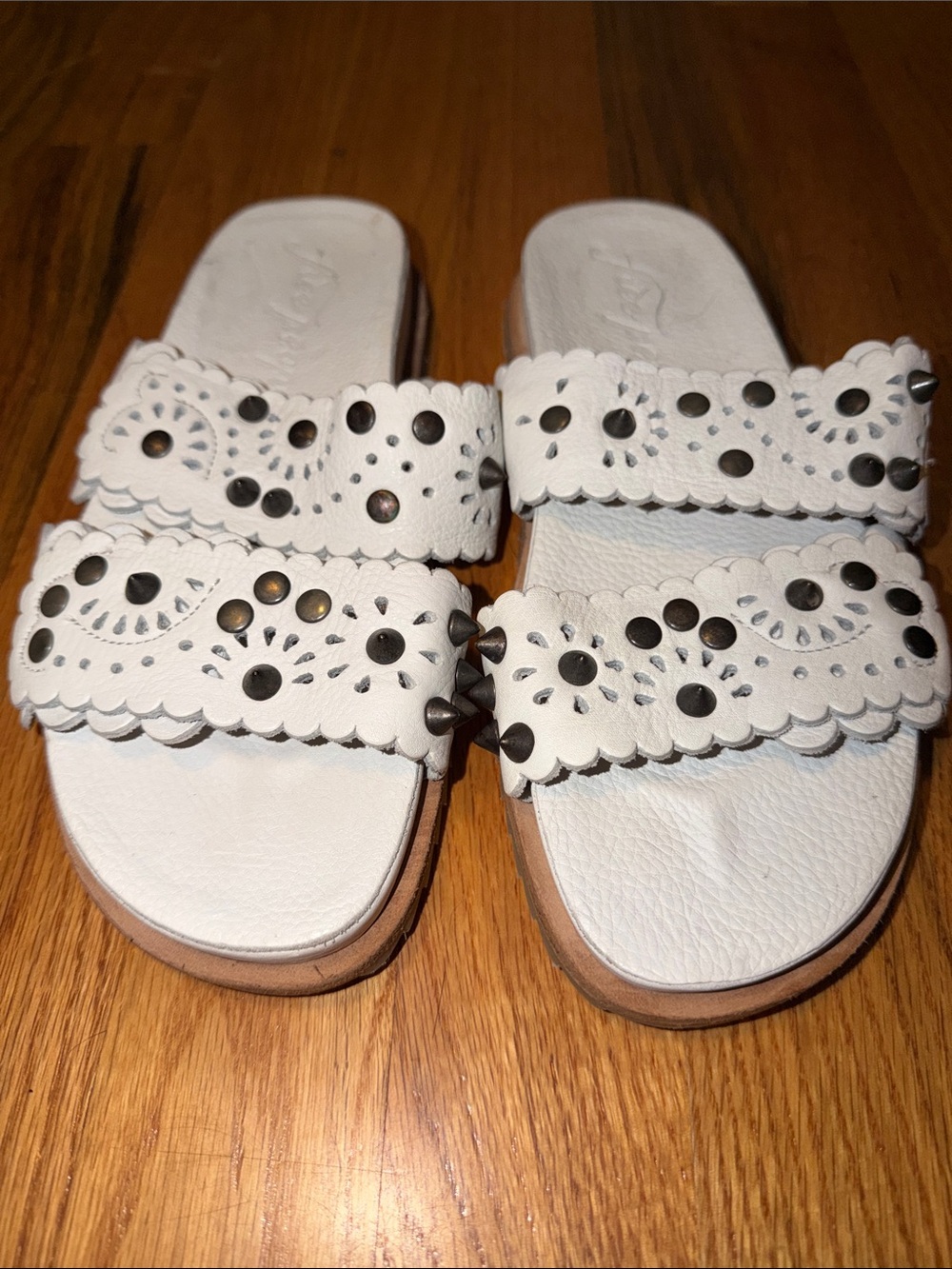 Free People White Scalloped Double-Strap Studded Slide Sandals LNWOT